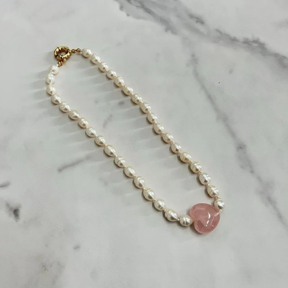 Hand Crafted Jewelry - Baroque Freshwater Pearl Rose Quartz Heart Beaded Necklace